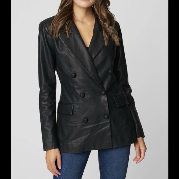 BLANKNYC Black Faux Vegan Leather Double Breasted Blazer Women’s Size Large L - Picture 1 of 11